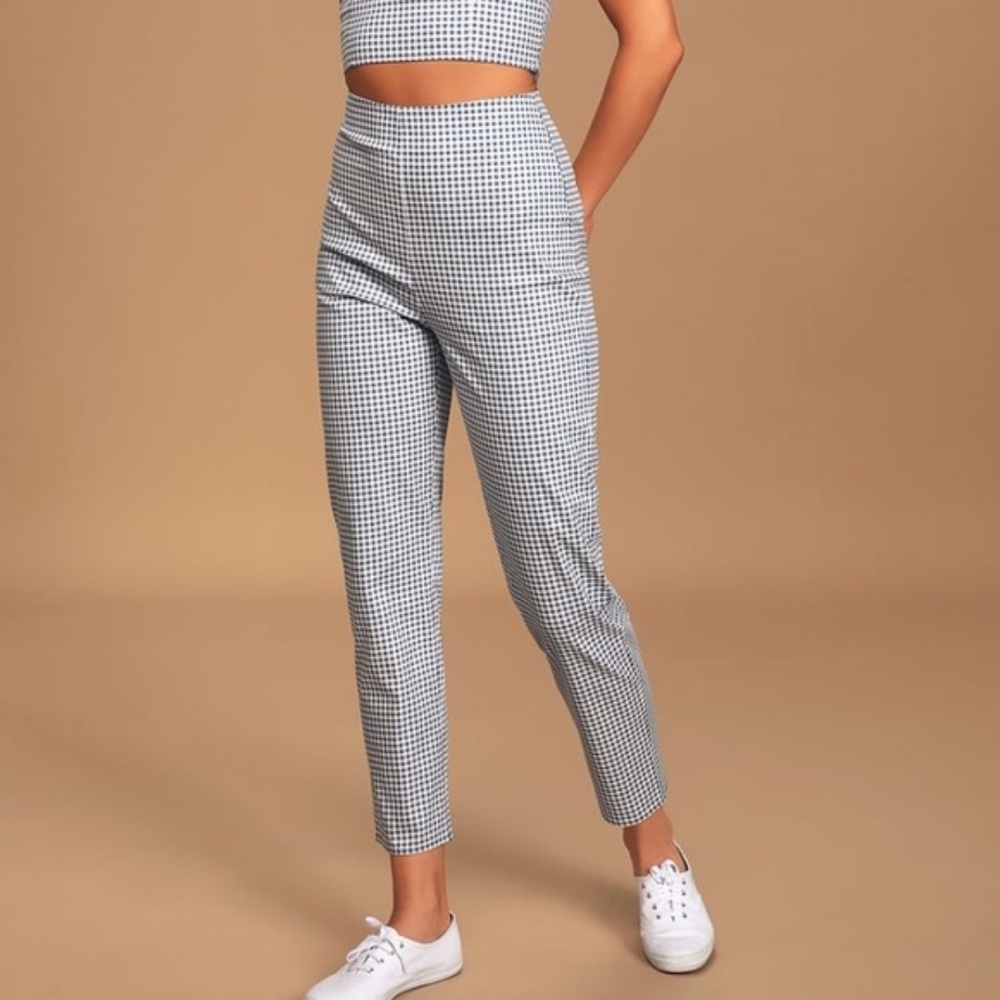 Lulus Blue & White Gingham Pants Size Medium
